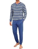 Bresdk Pijama Hombre Invierno Algodón 2 Piezas a Rayas y Botones, 3XL | Pijama Hombre Algodon Largo con Camiseta Mang Larga Cuello en V y pantalón con puños, cordón y bolsillos, Azul Claro