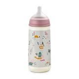 Suavinex, Biberón 360 ml. Biberón con tetina simétrica SX Pro de silicona de flujo rápido (L). Con válvula anticólica. Silicona fina ultra suave. Para bebés, +6 Meses. Walk Rosa