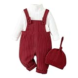 Conjunto Bebé Niña Pantalones a Bretelles + Top de Punto Cepillado + Gorro | Maglia a Collo Alto a Tinta Unita + Peto con Tirantes, Ropa Navideña Abrigada Cálida y Auave,Conjuntos Niñas Otoño Invierno