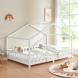 [en.casa] Cama Infantil Treviolo Forma de casita Pino 120x200 cm Blanco | Cama Montessori bordes redondeados con barandillas somier 200 kg