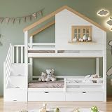 Oslghy Litera Infantil para Niños 90x200 cm, Cama Alta con 2 Cajone, Litera Doble Matrimonio con Escalera Espacios de Almacenamiento, Cama Infantilen Forma de Casa con Ventana que se abre, Sin colchón