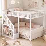 Cama Alta Infantil 90x200cm, Cama Loft Juvenil Blanca, Litera Alta para Niños con Escalera de Almacenaje, Barandilla de Seguridad, Somier de Láminas, Cama Elevada para Dormitorio Infantil y Juvenil