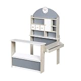 roba Tienda de Juguete para Niños en Madera - Supermercado con 6 Compartimentos, 3 Cajones y Pequeño Armario - 2 Mostradores y Reloj con Agujas Móviles - Blanco / Gris