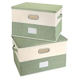 Valease Cestas de almacenamiento plegables grandes de tela de lino con tapa y asas extraíbles, caja de almacenamiento lavable, organizador, contenedores, cestas de oficina, color turquesa y crema