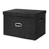 Valease Contenedores de almacenamiento plegables de tela de lino grandes con tapa y asas extraíbles, caja de almacenamiento lavable, canastas con cubierta para dormitorio, oficina (negro, grande)