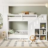 Dolamaní Litera para 2 niños, 90 x 200 cm, con escalera, cama infantil con taquillas y protección anticaídas, para habitación infantil, cama alta para niños, litera para niñas y niños, color blanco