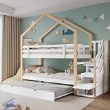 LAKFEW Litera de 90x200 con Cama Nido 90x190 cm, Cama Infantil con Escalera de Almacenaje y Protección Anticaída, Litera Infantil, Camas Infantiles de Madera para 3 Personas, Natur+Blanco, Sin Colchon