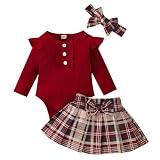 LUVCES Conjunto 3 Piezas para Niña Recién Nacida Mono de Punto de Manga Larga con Falda a Cuadros para Otoño e Invierno Ropa Navideña para Niña 3Pcs Burdeos 3-6 Meses