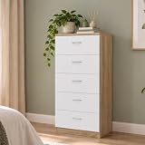 DORMIDAN- Sinfonier 5 cajones guías metálicas, cómoda Dormitorio, Altura 110cm. (Roble cajones Blanco)