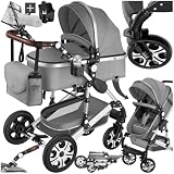 tectake® Cochecito Bebé Combinado 2 en 1, Carrito Bebé Plegable con Capazo Extraíble, Silla de Paseo con Respaldo Ajustable, Arnés de 5 Puntos, Freno de Pie y Capota Plegable, Carro Bebés - gris