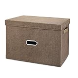 Valease Contenedores plegables de lino grandes con tapas y asas extraíbles, cajas de almacenamiento lavables con cubierta para dormitorio, armario, oficina, sala de estar, guardería (café, grande)