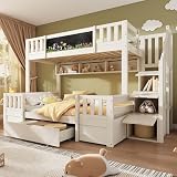 Ktipm Litera 90x200 & 140x200 cm con Cajón Grande y Escalera Almacenaje, Cama Litera Matrimonio con Pizarra y Estante, Cama Infantil para 2 Personas con Barandilla Anticaída, Sin Colchón, Blanco