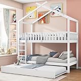 Litera Infantil con Cama Nido para 3 niños o Adultos, Forma de casita, con protección anticaídas, somier, Escalera, Material Pino, Color Blanco, 90 x 200 cm - N634W0001A