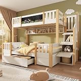 Ktipm Litera 90x200 & 140x200 cm con Cajón Grande y Escalera Almacenaje, Cama Litera Matrimonio con Pizarra y Estante, Cama Infantil para 2 Personas con Barandilla Anticaída, Sin Colchón, Natur+Blanco