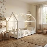 ecomi® Cama Infantil con Protección Anticaídas, Blanco, 80x160 cm | Somier incluido, Diseño de Casa - Cuna, 90 x 200/80 x 160 cm disponibles, Material Natural