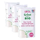 Love & Green Cotton Maxi Cuadrados Hipoalergénicos – Cambio y aseo para bebé, sin blanquear y 100% orgánico x70 – Fabricado en Francia (Paquete de 3)