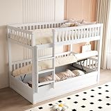 Litera para niños de madera maciza, sistema de cojinetes hidráulicos, robusta y duradera, para niños, 90 x 200 cm (blanco)