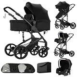 Cochecito 3 en 1 Plegable Uniclic con Bastidor Triangular,Negro | Suspensión doble resorte integrada, asiento reversible para paseos infantiles