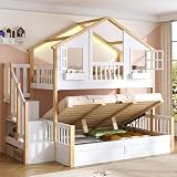 NNJN 90 x 200 + 140 x 200 cm litera con base hidráulica, cama alta de madera maciza, cama infantil, cama de madera, cama de casa, con LED y escalera de almacenamiento, forma de ventana, color blanco +