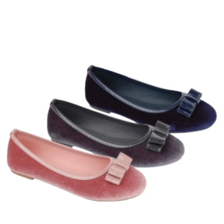 Bailarinas de terciopelo con detalle de lazo, disponibles en rosa, negro y morado. – Bubble Kids