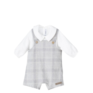 Conjunto bebé niño Peto, con camiseta blanca y diseño de cuadros en gris