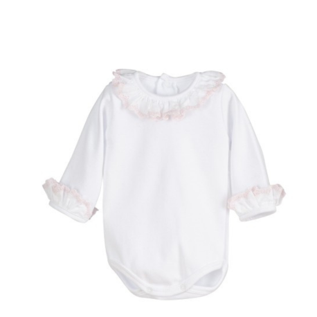 Body de bebé niña manga larga con detalle de encaje en las mangas y cuello.