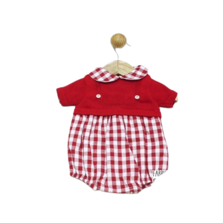 Pelele corto tejido combinado estampado vichy cuello bebé en rojo, de Tony Bambino.