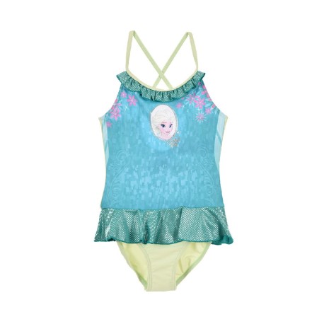 Bañador verde para niña de Frozen con Elsa, tirantes cruzados y volante inferior.