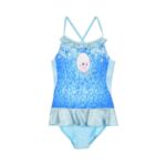 Bañador azul para niña de Frozen con Elsa, tirantes cruzados y volante inferior.