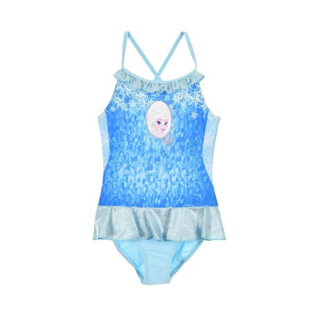 Bañador azul para niña de Frozen con Elsa, tirantes cruzados y volante inferior.