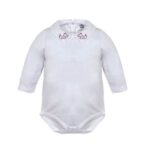 Body manga larga bebé con cuello bordado de perrito, color blanco.