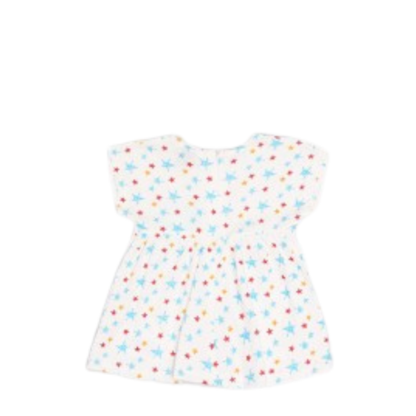 Vestido bebé niña con estampado de estrellitas de colores, diseño fresco y cómodo para el verano.