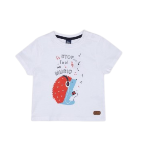 Camiseta de manga corta para niño Street Monkey con ilustración musical y mensaje “Stop and feel the music”, diseño moderno y divertido.