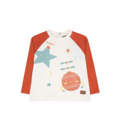 Camiseta manga larga bebé niño de Street Monkey con diseño de estrellas y figuras cósmicas, ideal para pequeños exploradores.