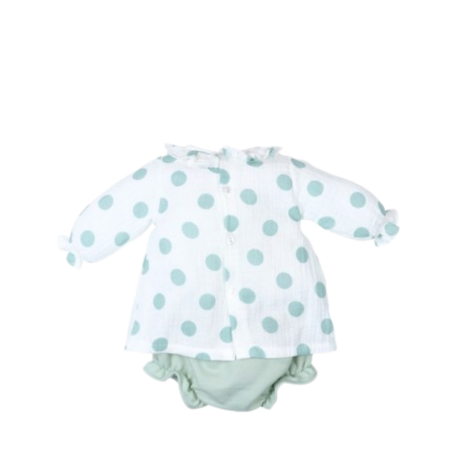 Conjunto 2 piezas para bebé niña Tony Bambino, vestido blanco con puntos verdes y pantalón verde a juego, ideal para comodidad y estilo.