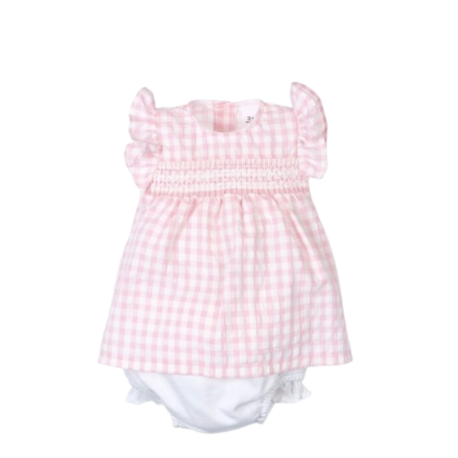 Conjunto 2 Piezas Bebé Niña Tony Bambino, vestido a cuadros rosa y blanco con volantes en las mangas, incluye cubrepañal.