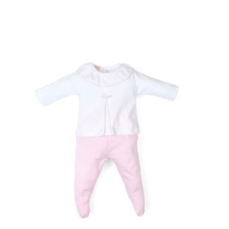 Conjunto 2 piezas para bebé de la marca Tony Bambino, compuesto por camiseta blanca con volantes en el cuello y pantalón rosa.