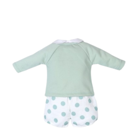 Conjunto 3 piezas para bebé niño Tony Bambino, compuesto por camiseta de manga larga verde, pantalón de puntos blancos y un pantalón verde a juego.