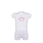 Conjunto Bebé Corto 2 Piezas Minhon, diseño con camiseta de corona y pantalón con volantes, ideal para bebés.