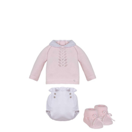 Conjunto 3 Piezas Bebé Minhon, incluye suéter de punto, pañal con volantes y botines a juego, ideal para un look completo y cómodo.