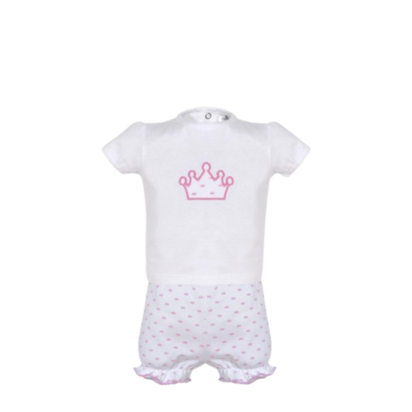 Conjunto Bebé Corto 2 Piezas Minhon, diseño con camiseta de corona y pantalón con volantes, ideal para bebés.