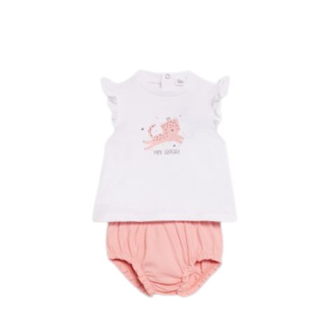 Conjunto bebé niña Street Monkey con camiseta blanca de manga corta con volantes y cubrepañal en tono suave, diseño cómodo y delicado para el día a día.