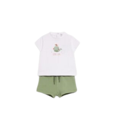 Conjunto de camiseta y pantalón para bebé niño de Street Monkey, con diseño de pez en la camiseta y pantalón verde con cintura elástica.