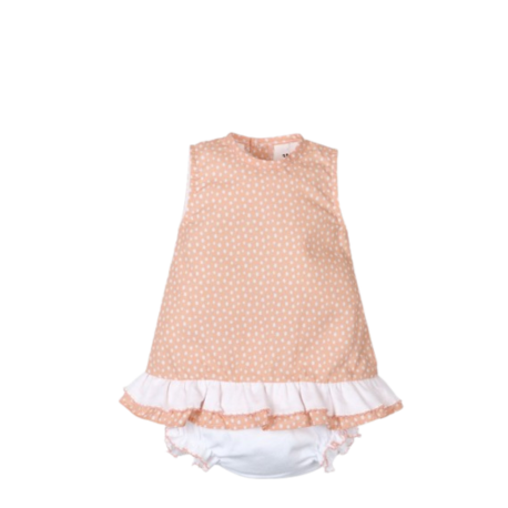 Conjunto de 2 piezas para bebé niña de la marca Tony Bambino, con vestido de estampado de lunares y volantes en el dobladillo.