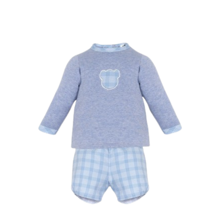 Conjunto bebé Minhon con camiseta azul de manga larga y pantalón corto a cuadros, con detalle de osito en el pecho.
