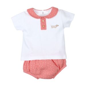 Conjunto bebé niño camiseta blanca con cuello coral y bermuda coral con detalles, marca Tony Bambino.