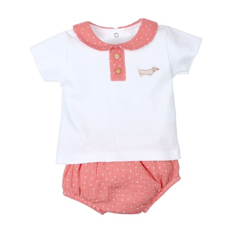 Conjunto bebé niño camiseta blanca con cuello coral y bermuda coral con detalles, marca Tony Bambino.