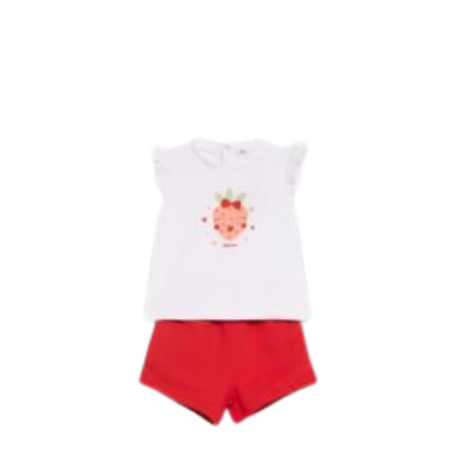 Conjunto de camiseta y pantalón corto para niña de Street Monkey, con diseño de fresa en la camiseta y pantalón rosa con elástico.