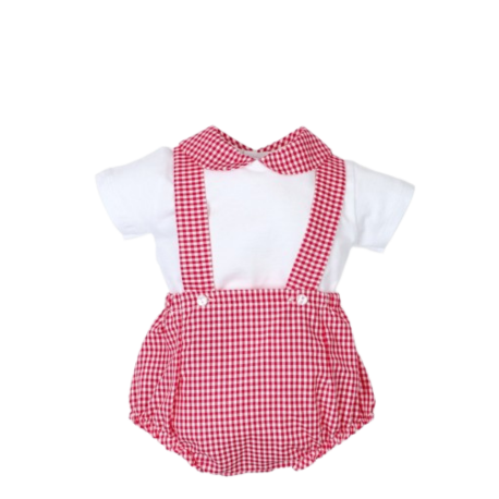 Conjunto Corto Bebé Niño Tony Bambino, camiseta blanca con tirantes rojos a cuadros, ideal para días calurosos.