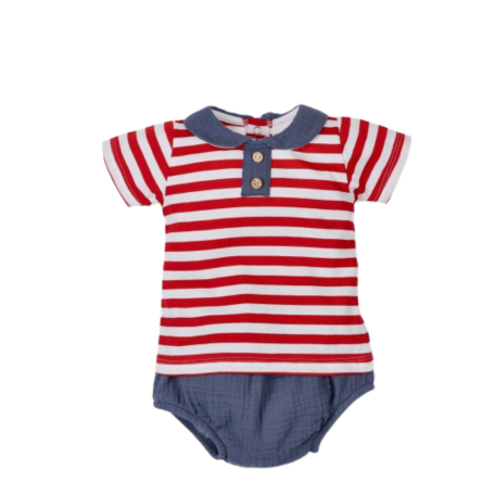 Conjunto Corto Bebé Tony Bambino, camiseta de rayas rojas y blancas con cuello azul y body azul marino.